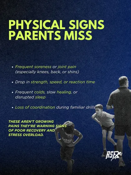What are the physical signs of overtraining? This infographic lists key warning signs parents often miss, such as frequent soreness, a drop in speed, and disrupted sleep. These are not just "growing pains" but signals of stress overload.