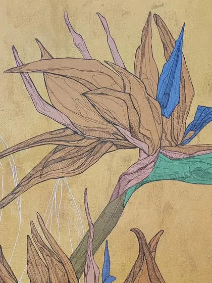 Another detail of the Bird of Paradise painting. This view shows the fine cross-hatching and line work used to give the petals and leaves texture and dimension.