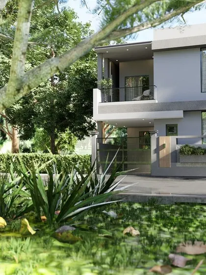 A simple and elegant home design set in a garden. The render showcases a peaceful residence with a clean facade and a welcoming balcony.