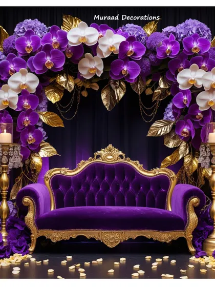 A truly royal stage design featuring a deep purple and gold color palette. I created a lush arch of purple and white orchids over a classic tufted velvet sofa, accented with ornate golden candelabras to create a rich and opulent setting for the couple.