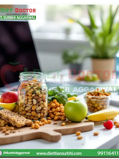 Healthy snacks are essential for avoiding afternoon energy slumps and junk food cravings. This image displays a variety of smart options like nuts, fruits, and granola bars that you can keep at your desk.