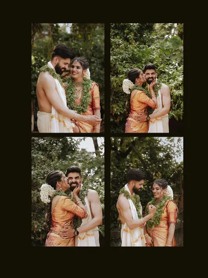 A collage of a couple's playful and affectionate moments after their temple wedding.
