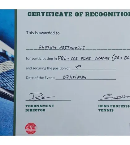 The journey to success starts early. This certificate marks a 3rd place finish for our student Rhythm in the Red Ball tournament at the Padukone-Dravid Center for Sports Excellence.