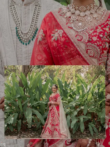 A creative composition with a close-up of the bride's attire framing a full-length portrait.