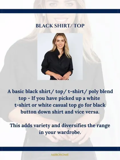 A basic black shirt or top is a wardrobe essential. It adds variety and diversifies your outfit options, especially when paired with other neutral pieces.