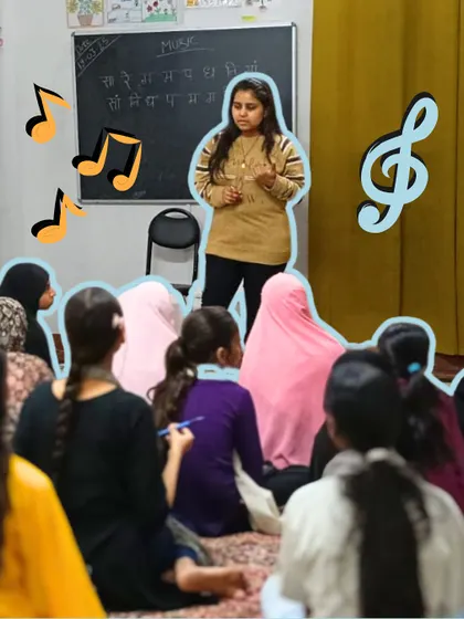 A fellow teaches the basics of sargam at the Yellow Streets center. Even in a simple setting, we see confidence bloom as hesitant voices grow into clear, bold ones.
