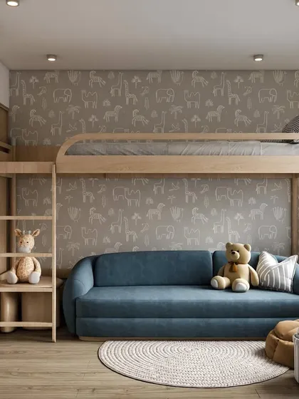 A 3D view of a Japandi-inspired kids' room where a bunk bed is the centerpiece. The design uses soft, neutral tones and natural materials to create a calm atmosphere for rest and play.