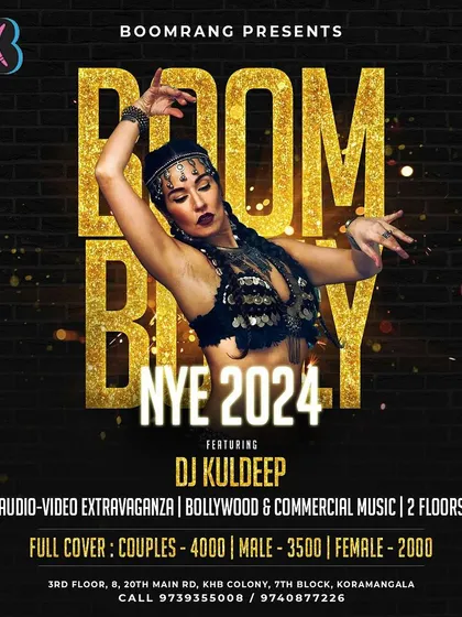 The official poster for my 'Boom Bolly NYE 2024' event. It details the full experience: two floors, Bollywood and commercial music, and a guaranteed night of high-class celebration to welcome the new year.