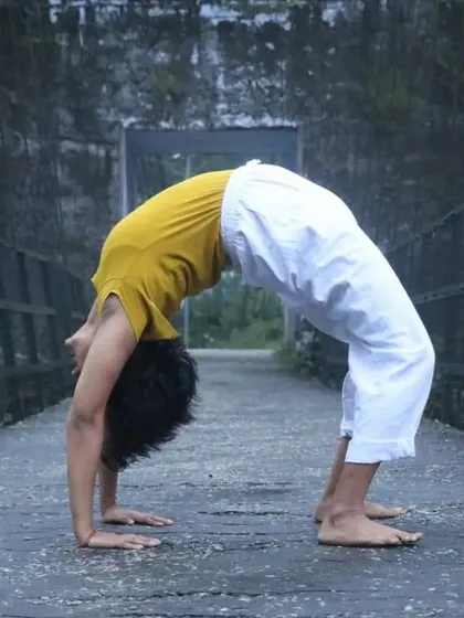 A simple Chakrasana (Wheel Pose) on a bridge in Uttarkashi. Finding moments to practice wherever you are.