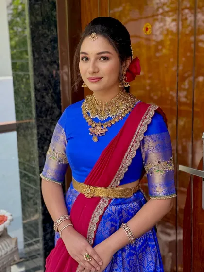 This bride radiates timeless charm. Her makeup is a perfect blend of tradition and grace, designed to look flawless from every angle for her special ceremony.