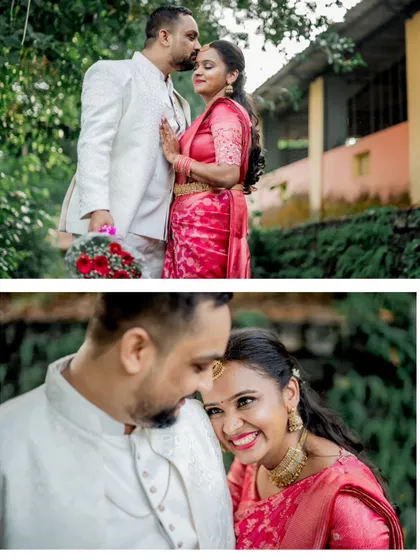 A collage of tender moments from an engagement shoot, featuring a gentle kiss on the forehead and a joyful, close-up portrait.
