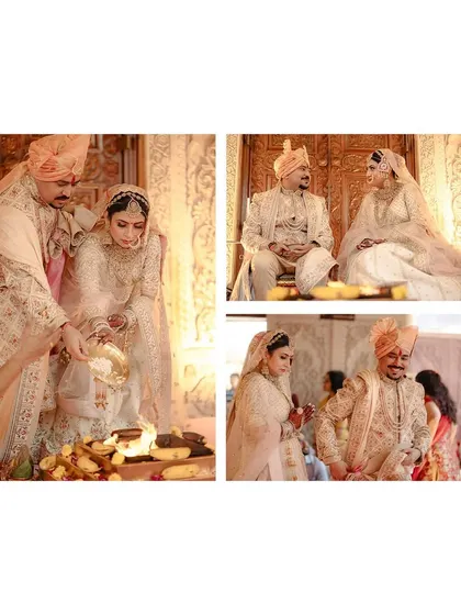 A collage of rituals from the temple wedding, including the havan (sacred fire) and other traditions.