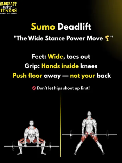 The Sumo Deadlift is a wide-stance power move. Keep your hands inside your knees and focus on pushing the floor away, not pulling with your back.