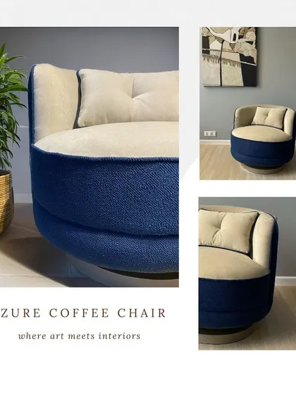 The Azure Coffee Chair, a swivel chair designed for ultimate comfort and style. The combination of deep blue and ecru upholstery on a sleek wooden base makes it a sophisticated addition to any living space.