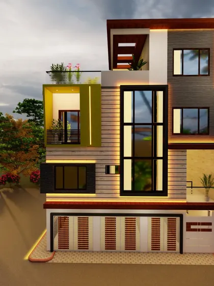 A frontal view of a variation of this design, using different materials and window placements.