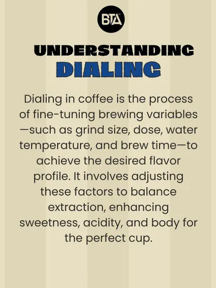 An explanation of "dialing in" coffee, which is the process of fine-tuning brewing variables to achieve the perfect flavor profile.