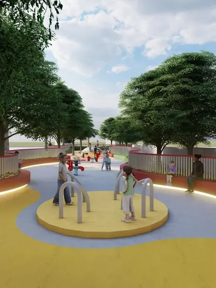 The children's play lane at New Baldwin School is designed with curved forms and colorful, safe surfaces to create a fun and engaging space for younger students.