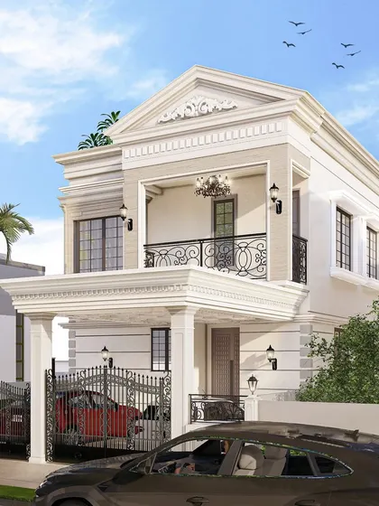 A timeless neoclassical design characterized by its symmetrical facade, classical columns, and elegant detailing. The triangular pediment and ornate cornices are key features of this style.