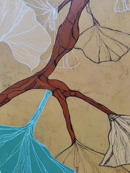 A detailed shot of a custom painting featuring ginkgo leaves. I've combined fine black line work with solid blocks of white and teal to create a modern, graphic interpretation of a classic natural form.