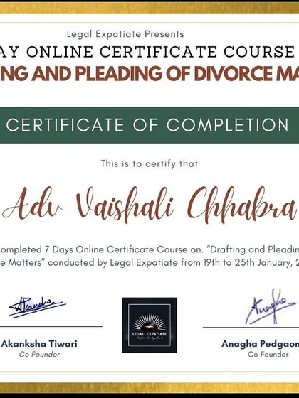 This certificate marks the completion of a specialized course on drafting and pleading in divorce matters. This training enhances my ability to prepare precise and effective legal documents for my clients in family court.