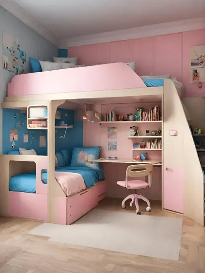 Another smart bunk bed solution for a shared kids' room. This design incorporates a desk and shelving underneath the top bunk, creating a compact and highly functional unit that leaves more floor space for play.