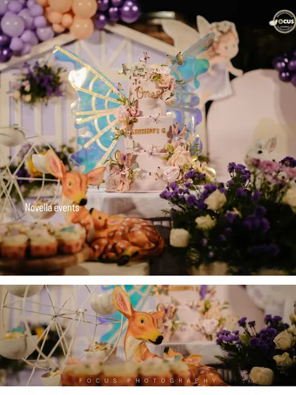 A close-up of the stunning fairy-themed cake, adorned with edible flowers and delicate butterfly wings.