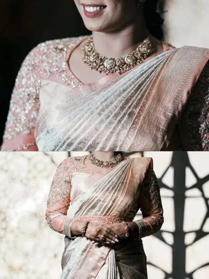 Detail shots of the peach organza blouse, showing the texture of the embroidery on the sheer sleeves and the perfect pairing with the silk saree.