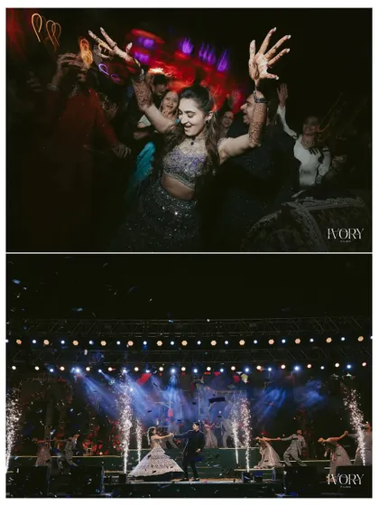 The energy of the dance floor is contagious. We capture the bride's uninhibited joy as she dances the night away, alongside a shot of the couple's spectacular stage performance.