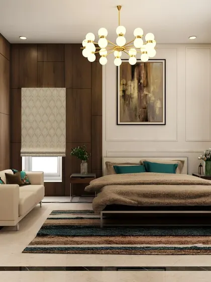 This is a 3D render of an elegant master bedroom, combining classic and contemporary elements. The design features a rich wood-paneled accent wall, a modern globe chandelier, and a comfortable seating area for a complete, hotel-like experience.