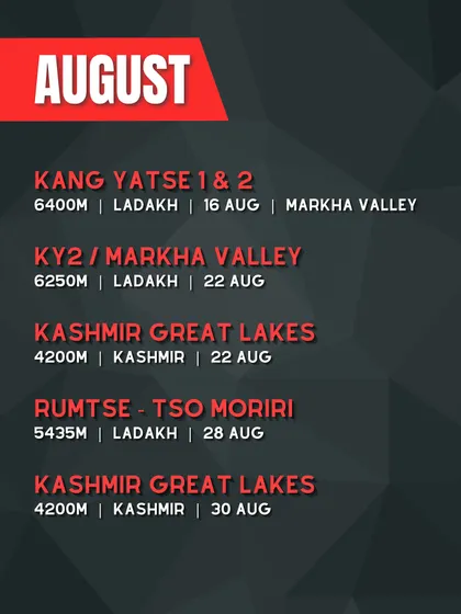 Our trek calendar for August 2025. Choose from high-altitude climbs like Kang Yatse 1 & 2 in Ladakh or the beautiful Kashmir Great Lakes trek.