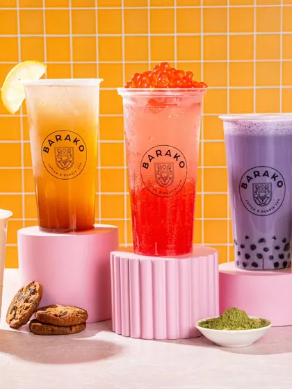 A colourful family of bubble teas from Barako. The playful use of pink and yellow props makes the brand feel fun and youthful.