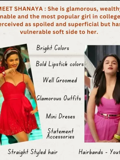 Now consider Shanaya from 'Student of the Year'. Her glamorous outfits, bright colors, and statement accessories immediately established her as the wealthy, fashionable, and popular girl in college.