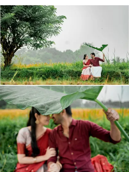 A creative and romantic shot where the couple is sheltered under a large leaf, with a close-up focusing on their intimacy.