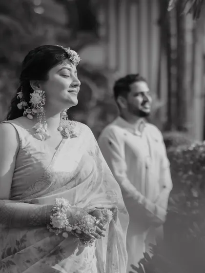 A timeless black and white shot from the Haldi ceremony. Even in monochrome, the bride's radiant glow and happiness are perfectly captured.