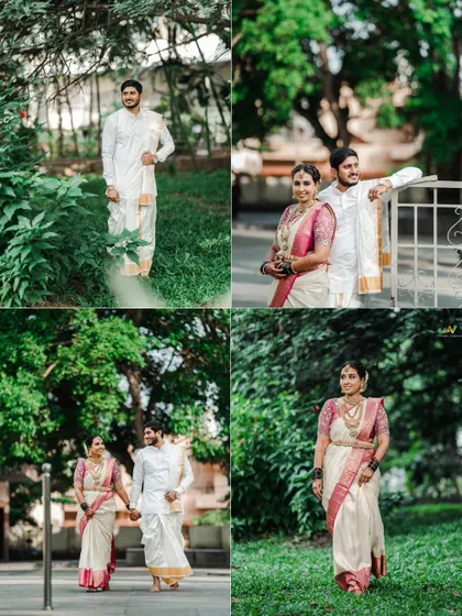 A collage of a couple's post-wedding shoot in a park, featuring both individual and couple portraits.