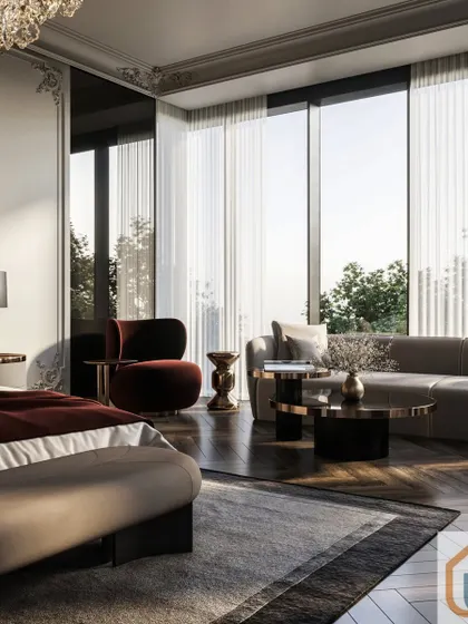 A luxurious bedroom suite with floor-to-ceiling windows, offering an expansive view and filling the space with natural light.