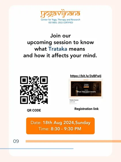 A QR code and registration link for an upcoming session on Trataka, where you can learn what the practice means and how it affects your mind.