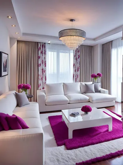 This living room design uses a crisp white and deep magenta color combination. The floral curtains and plush rugs add softness and texture to the modern furniture.