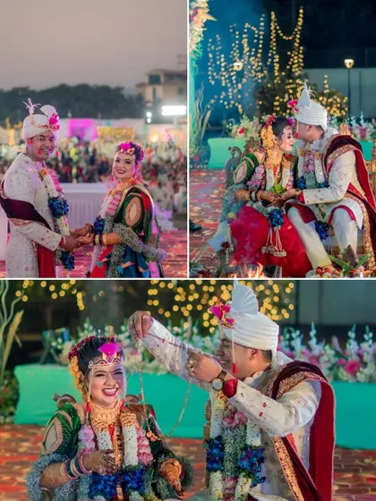 A collage of key Maharashtrian wedding rituals, from holding hands to the mangalsutra moment, telling the story of the ceremony in three beautiful frames.