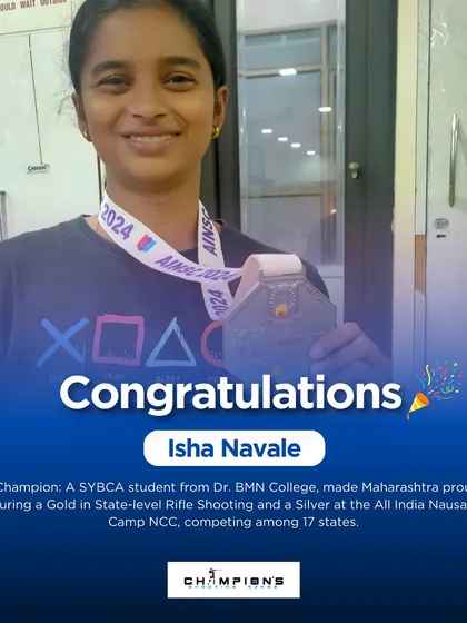 Our champion Isha Navale made Maharashtra proud, securing a gold in State-level Rifle Shooting and a silver at the All India Nausainik Camp NCC.