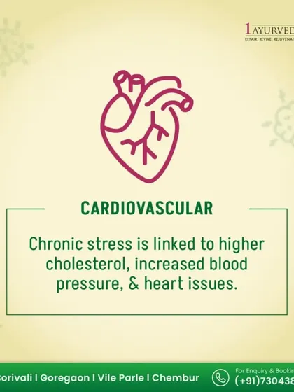 Ayurveda has long recognized the link between the mind and the heart. This graphic explains how chronic stress is linked to higher cholesterol and blood pressure. Our holistic approach aims to manage stress to protect your cardiovascular health for the long term.