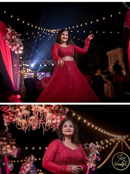 Beautiful portraits of the bride at her reception, showcasing her stunning red outfit and the elegant decor.