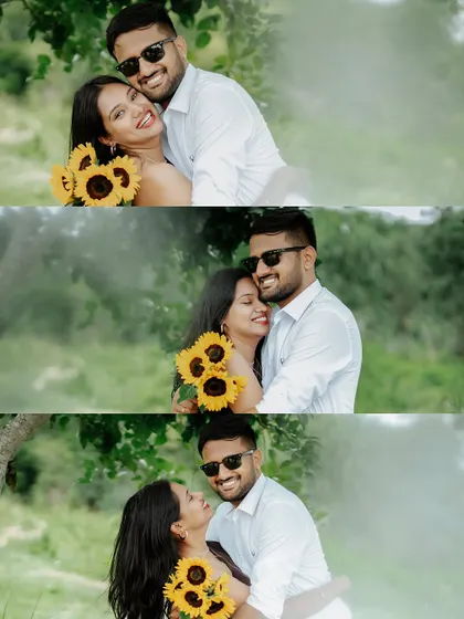 A triptych of a couple's joyful and intimate moments in a lush, green setting, with the bride holding a bouquet of sunflowers.