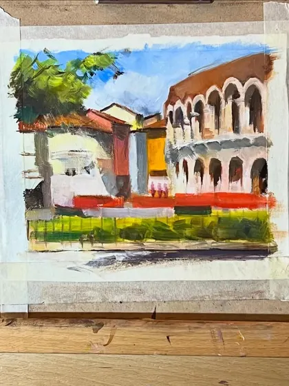 Another shot of the Verona painting in progress. Working on linen provides a beautiful texture for the oil paints.