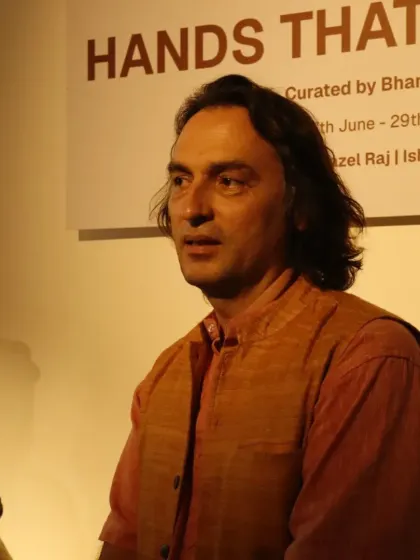 The opening night of the residency showcase is a time for conversation and reflection. Here, our curator, Bhanu Shrivastav, shares insights into the collection with attendees.