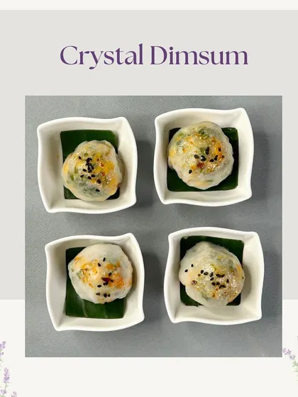 A top-down view of our Crystal Dim Sum, filled with fresh vegetables and seasoned to perfection. These translucent dumplings are a classic favorite for any occasion.
