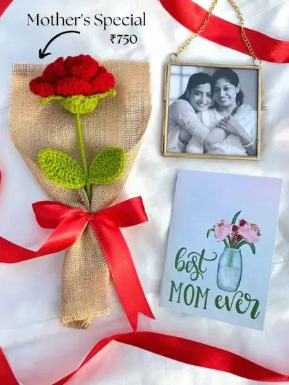 Our Mother's Day special hamper includes a single crochet rose in a rustic jute wrap, a personalized hanging photo frame, and a "Best Mom Ever" card.