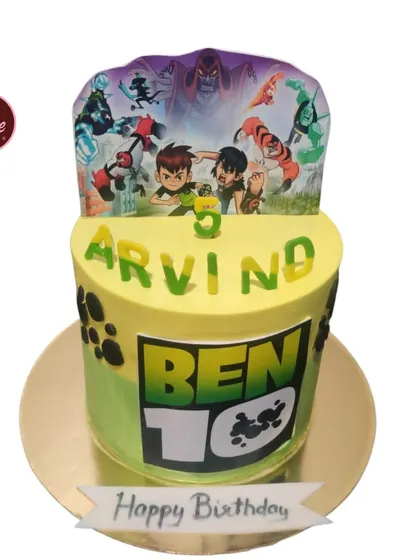 A fun Ben 10 cake for a 5th birthday. The cake features the Ben 10 logo and a topper with all the alien heroes.