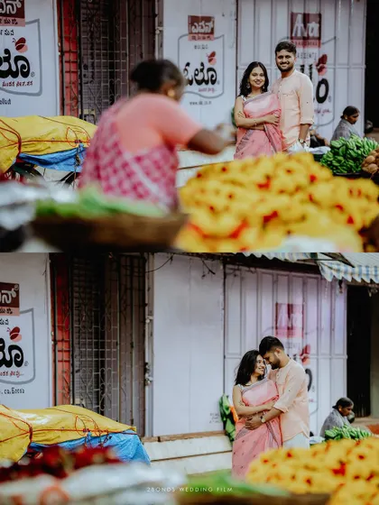 A diptych showing the couple posing in the market, capturing the authentic, slice-of-life atmosphere of their unique pre-wedding shoot.