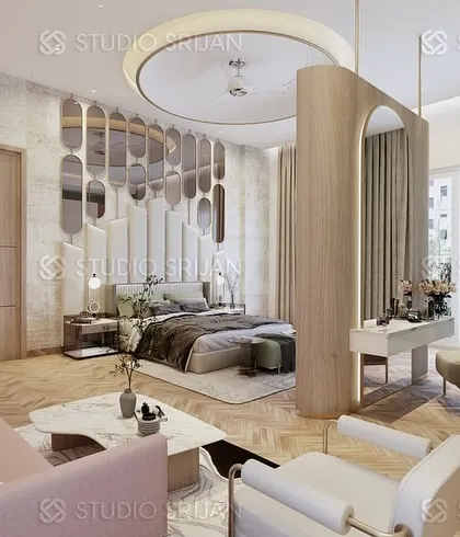 This angle shows how I created a semi-private vanity nook using a curved partition, separating it from the main sleeping area while maintaining an open feel.